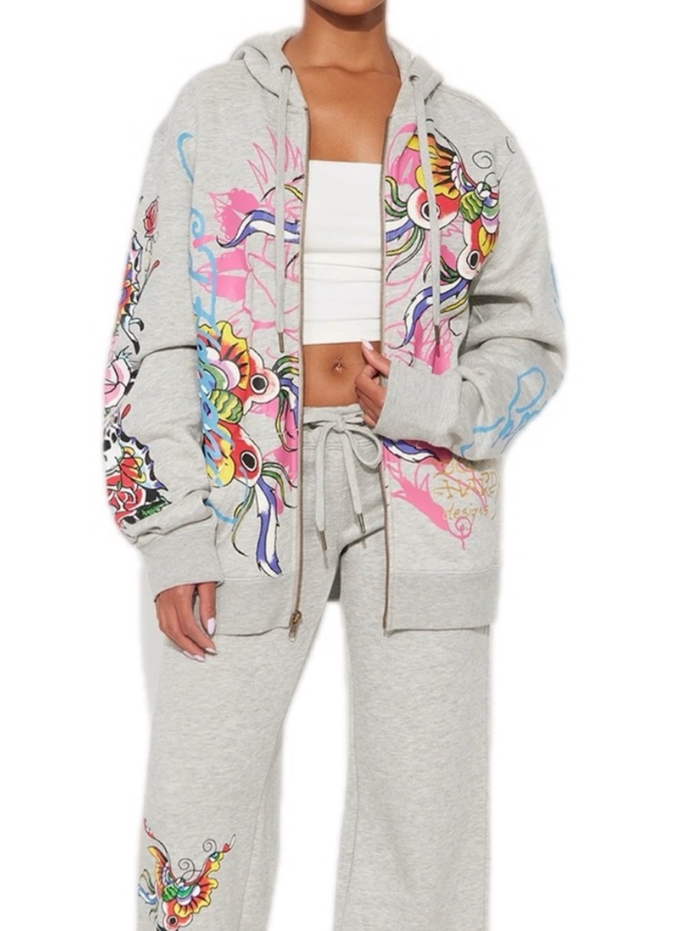 Ed Hardy Light Gray Zip Hoodie with Multicolor Floral Graphics